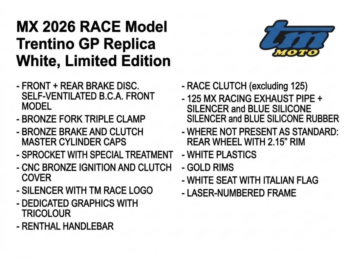 2T 125 MX ES MY26 - LIMITED EDITION - Versione TM CORSE Replica Trentino GP White  (Gli optional della moto non sono acquistabili singolarmente)